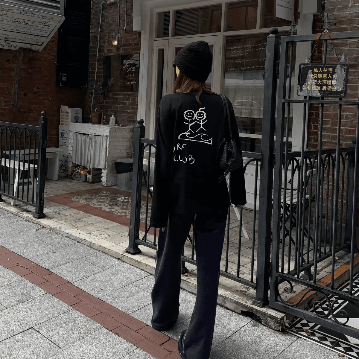 작은 대중 ins 느긋한 바람 경기 사람들 프린트 순면 무거운 긴팔 티셔츠 여성 루즈핏 캐주얼 연령 감소 슬림해 보이는 맨위 상세 이미지 4