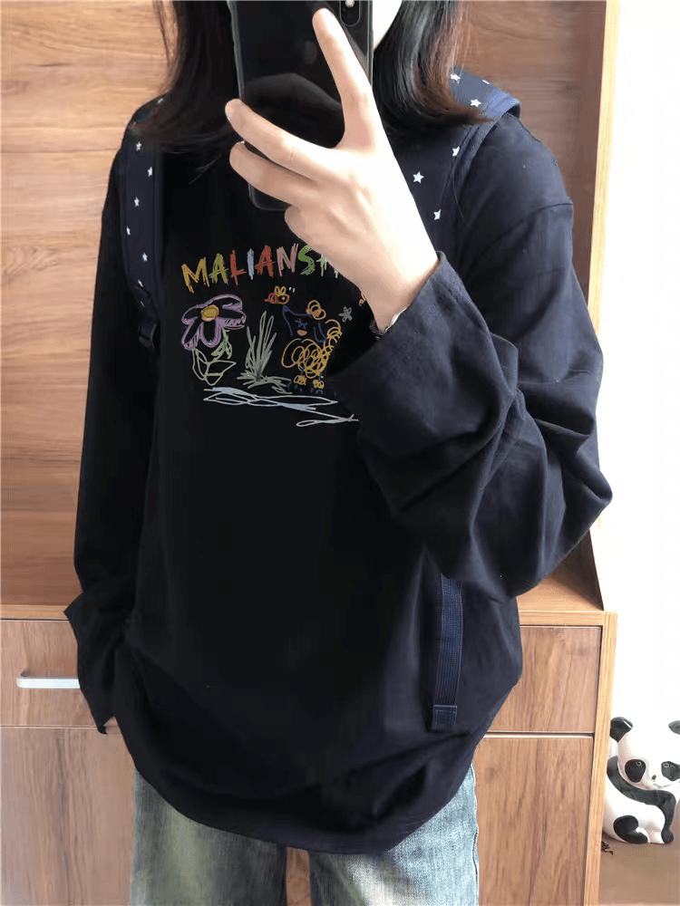 순면 아메리칸 조수 브랜드 긴팔 티셔츠 여성 가을 루즈핏 수채화 꽃 디자인 센스 작은 대중 인사이드 잡아라. 의류 상세 이미지 2