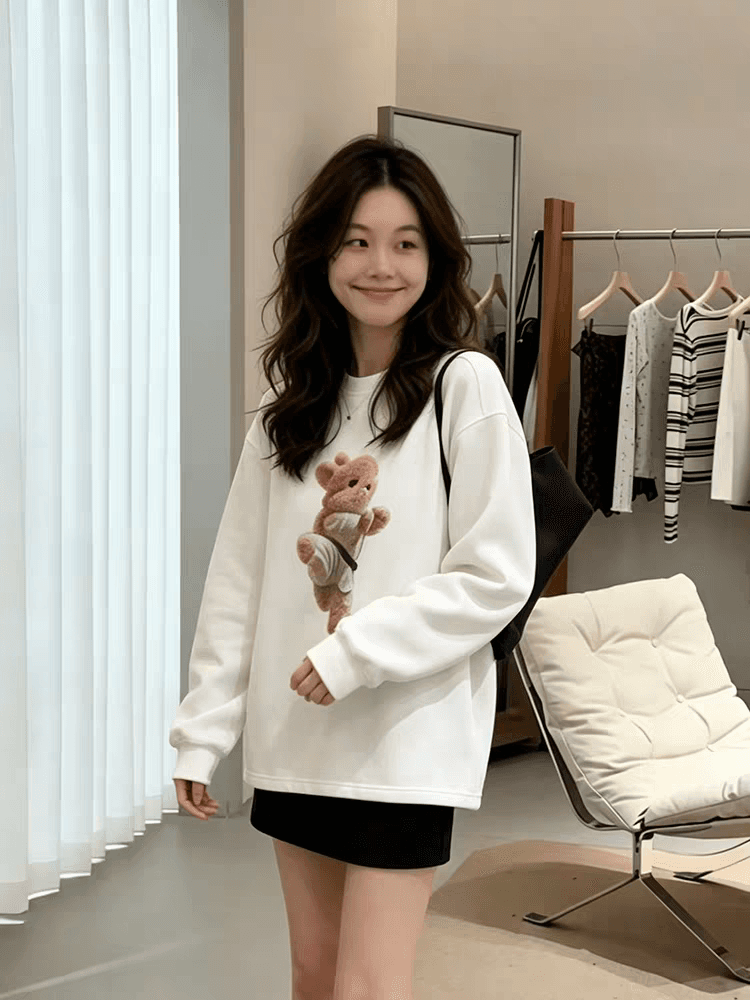 아메리칸 레트로 토끼 프린트 라운드 넥 긴팔 티셔츠 여성 2026 가을 새로운 루즈핏 캐주얼 연령 감소 맨위 이미지 3