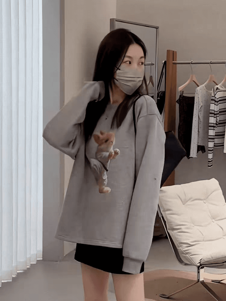 아메리칸 레트로 토끼 프린트 라운드 넥 긴팔 티셔츠 여성 2026 가을 새로운 루즈핏 캐주얼 연령 감소 맨위 상세 이미지 2