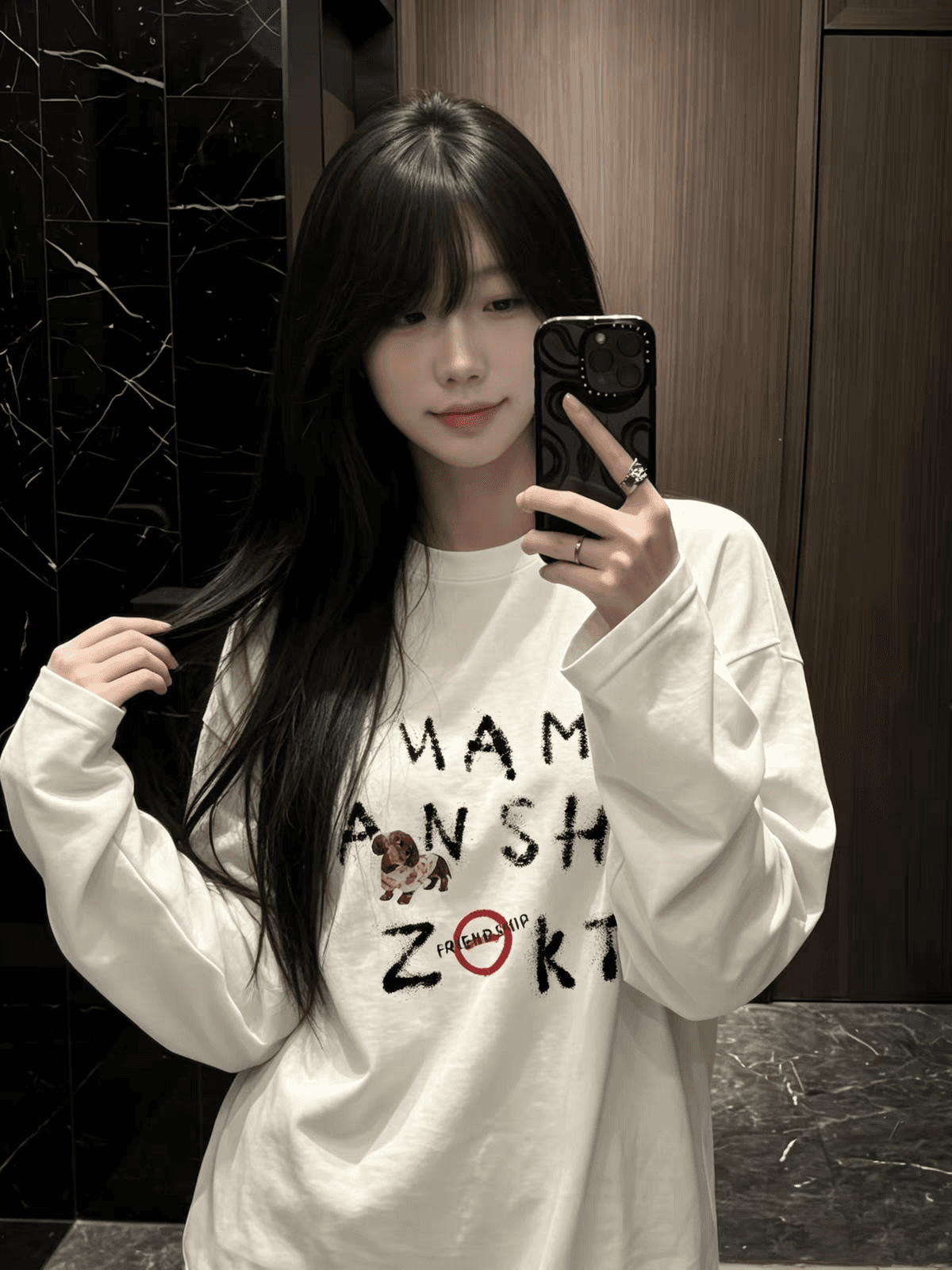 아메리칸 레트로 강아지 알파벳 프린트 긴팔 티셔츠 여성 가을 한 부서 느긋한 바람 oversize 루즈핏 맨위 상세 이미지 3