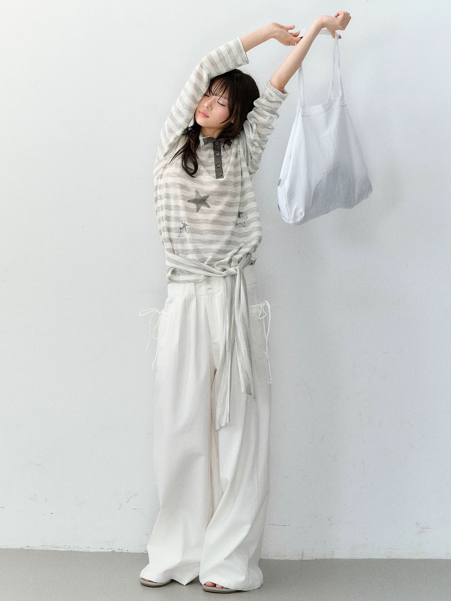 soote season 오리지널 느긋한 센스 별 프린트 스트라이프 폴로 칼라 오프숄더 마이크로 ~을 통해 루즈핏 티셔츠 블라우스 여성 이미지 4