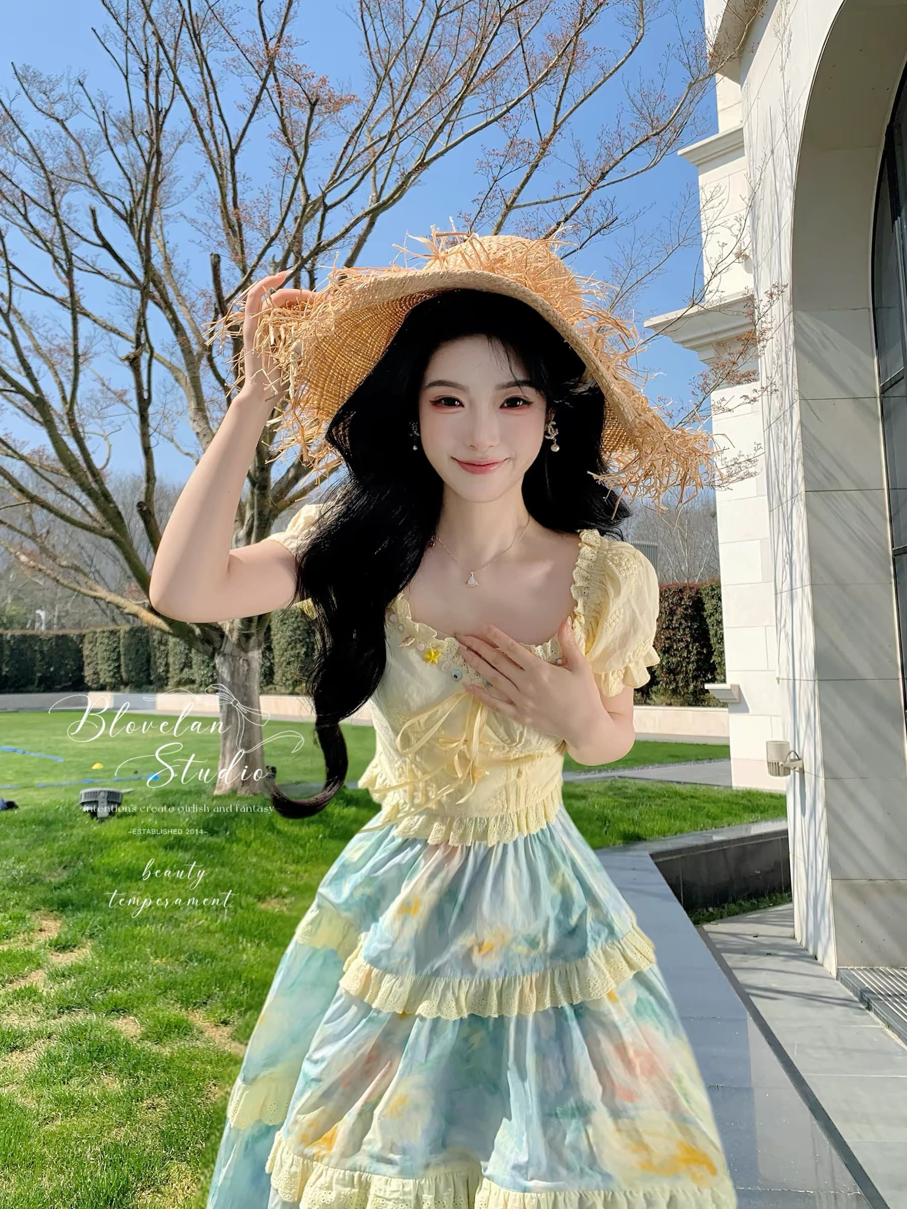 blovelan 얕은 여름 아침 바람 도파민 휴가 바람 자수 반팔 허리 수축 맨위 프린트 반신 치마 세트 이미지 4