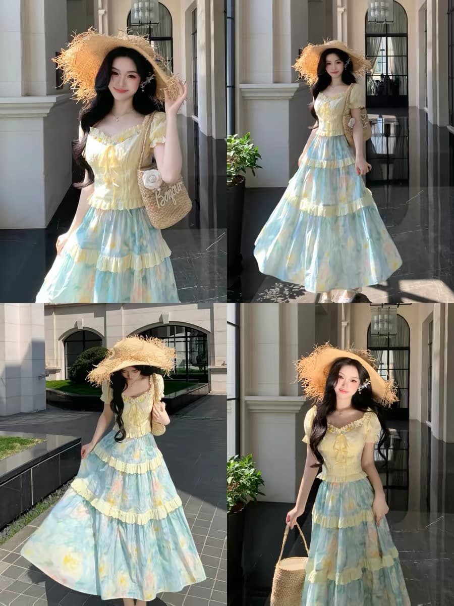 blovelan 얕은 여름 아침 바람 도파민 휴가 바람 자수 반팔 허리 수축 맨위 프린트 반신 치마 세트 이미지 2