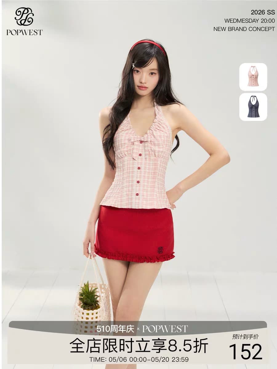 popwest 오리지널 체크무늬 나비 매듭 행침 목 허리 수축 맨위 민소매 슬림해 보이는 조끼