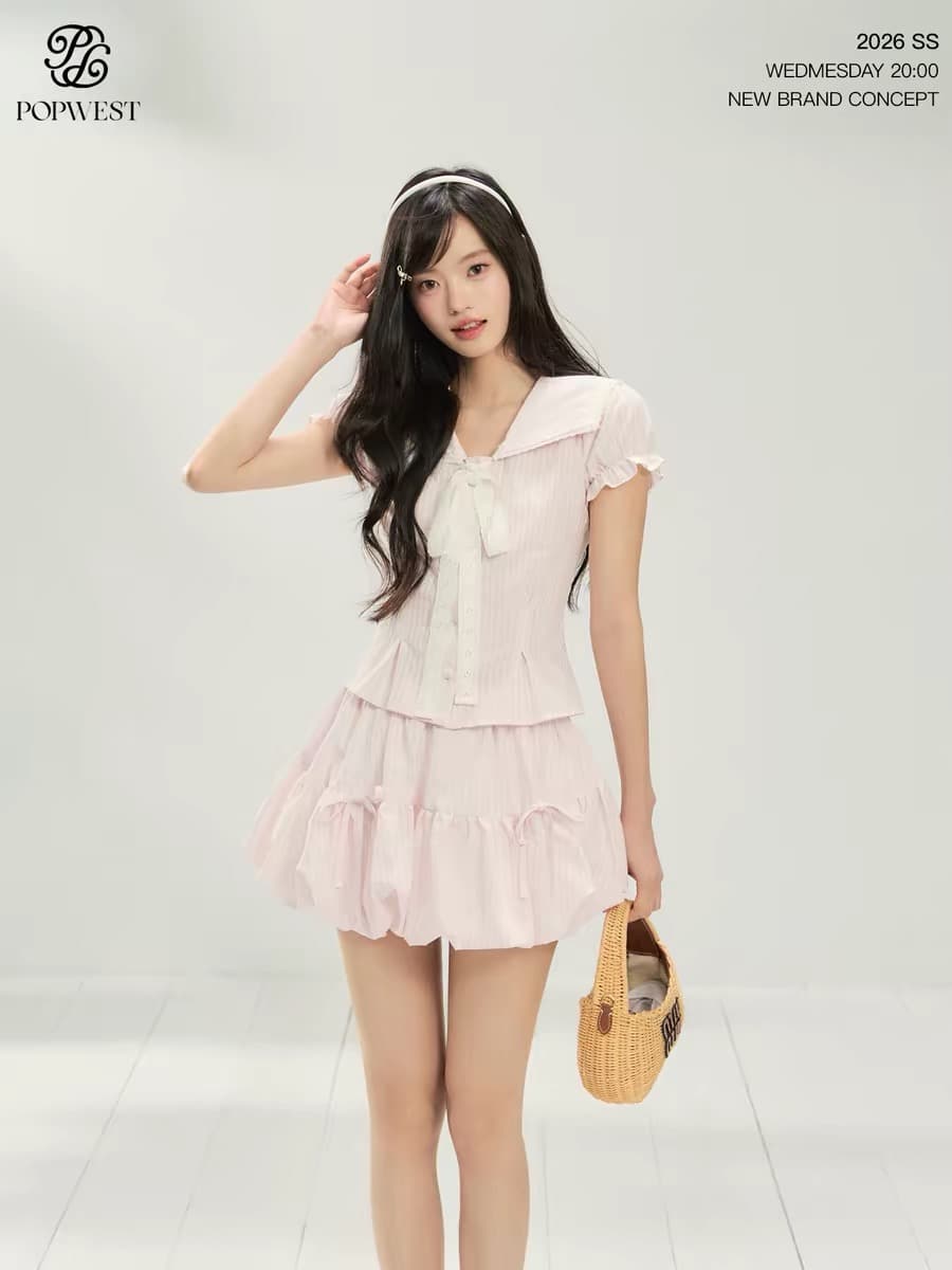 popwest 달콤함 나비 매듭 폴로 칼라 핑크색 허리 수축 맨위 반 스커트 퍼프 스커트 여름 해군 칼라 세트 이미지 4