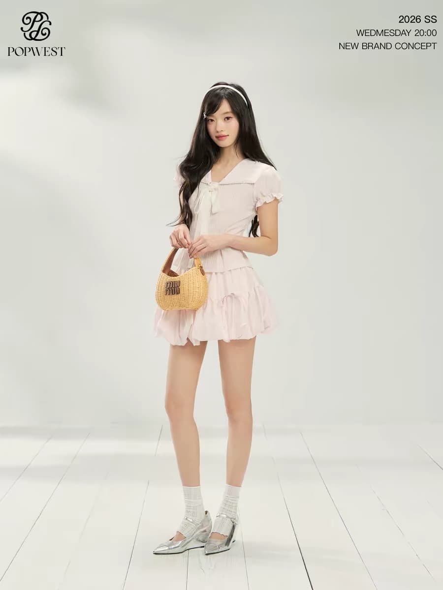 popwest 달콤함 나비 매듭 폴로 칼라 핑크색 허리 수축 맨위 반 스커트 퍼프 스커트 여름 해군 칼라 세트 이미지 2