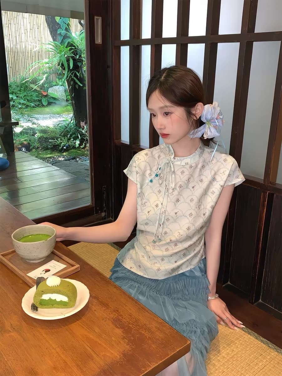 mucha 나무 차 구름 계곡 녹색 원사 개선 국풍 작은 대중 새로운 중식 반팔 맨위 망사 반신 스커트 여름 세트 이미지 4