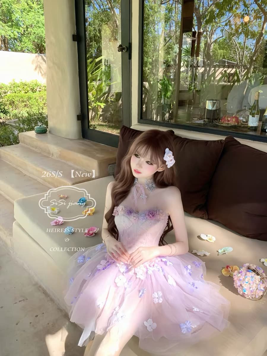 sisi jiang 보라색 안개 요정 순수한 욕망 요정 가스 달콤함 3 차원 꽃 생선뼈 허리 수축 한 마디 퍼프 스커트 이미지 4