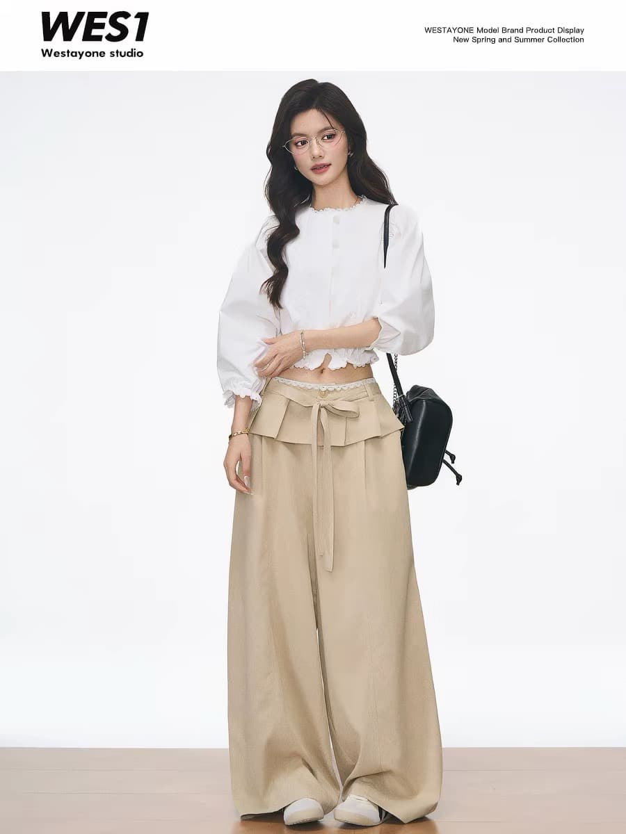 westayone 7부 소매 여성 셔츠 한 부서 출퇴근 카키 색 프릴 와이드 레그 팬츠 이미지 3