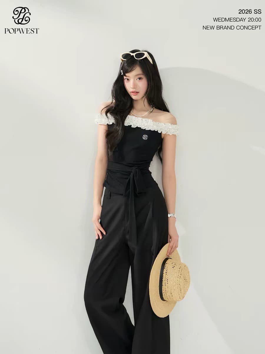 popwest 丨 도트 무늬 레이스 패치워크 오프숄더 허리 수축 티셔츠 여성 여름 섹시함 핫걸 발레 바람 레이스업 맨위 이미지 2