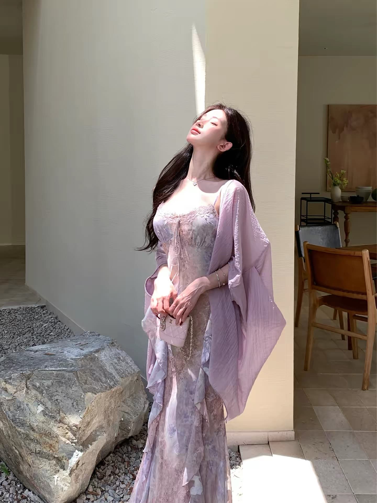 solo 폭발 폭발 暮 시간 꽃 차오 헤일로 염색 꽃무늬 여성 드레스 프랑스식 자수 패치워크 오프숄더 슬립 롱 스커트