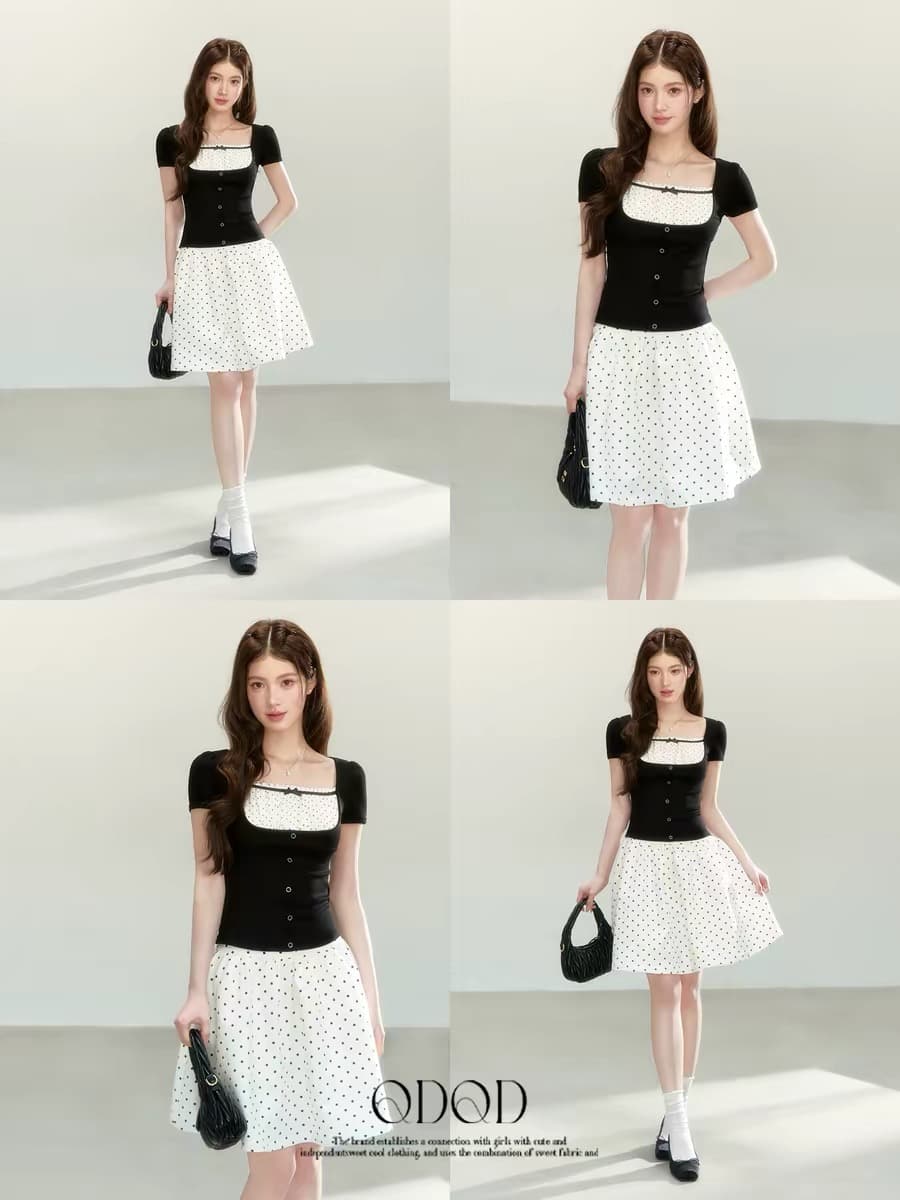 qdqd 달콤한 차가운 학원 스타일 높음 폭탄 니트 패치워크 도트 무늬 반팔 여름 새로운 허리 수축 슬림해 보이는 검정색 티셔츠 이미지 2