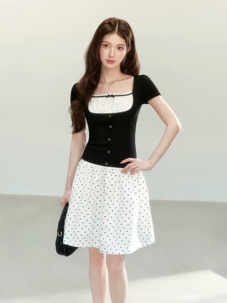 qdqd 달콤한 차가운 학원 스타일 높음 폭탄 니트 패치워크 도트 무늬 반팔 여름 새로운 허리 수축 슬림해 보이는 검정색 티셔츠