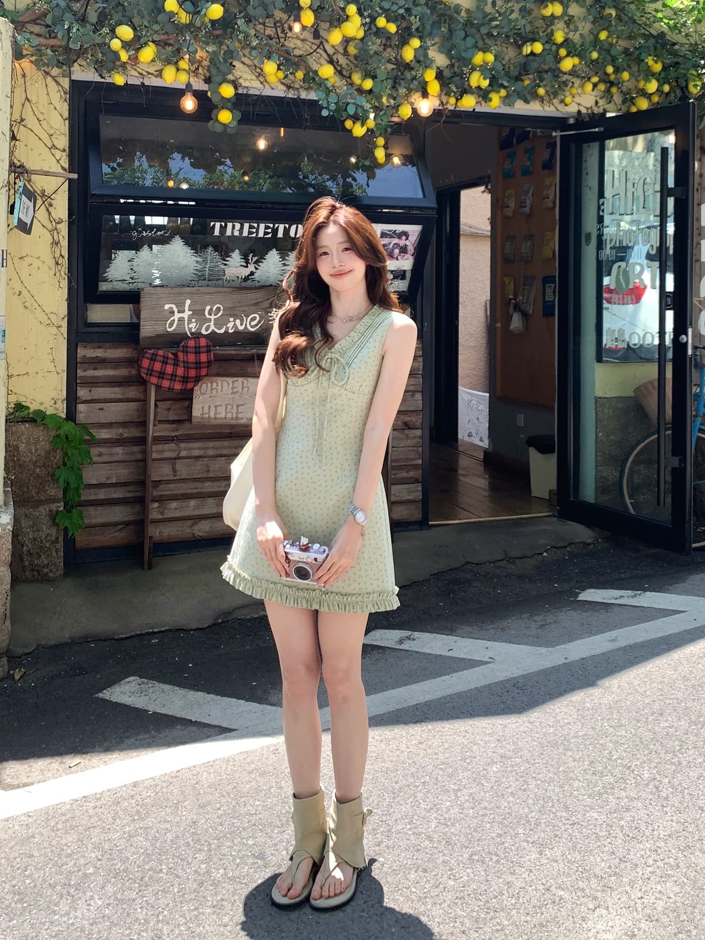 even 하나 원자바오 여름 녹색 복숭아 한 부서 높음 지혜 센스 민소매 여성 드레스 여름 부드러운 프릴 꽃무늬 치마 이미지 3