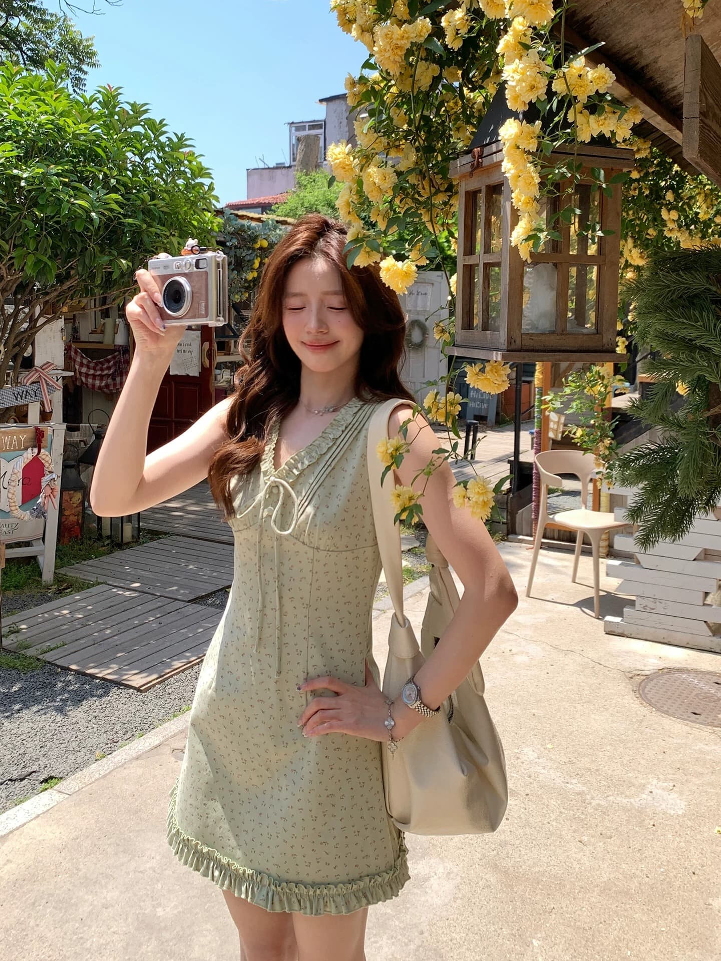 even 하나 원자바오 여름 녹색 복숭아 한 부서 높음 지혜 센스 민소매 여성 드레스 여름 부드러운 프릴 꽃무늬 치마 이미지 4