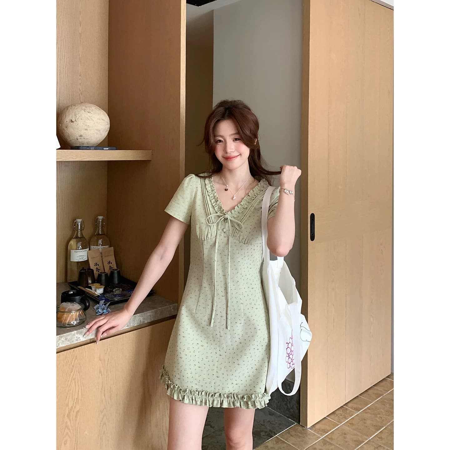 even 하나 원자바오 여름 녹색 복숭아 한 부서 높음 지혜 센스 민소매 여성 드레스 여름 부드러운 프릴 꽃무늬 치마 이미지 2