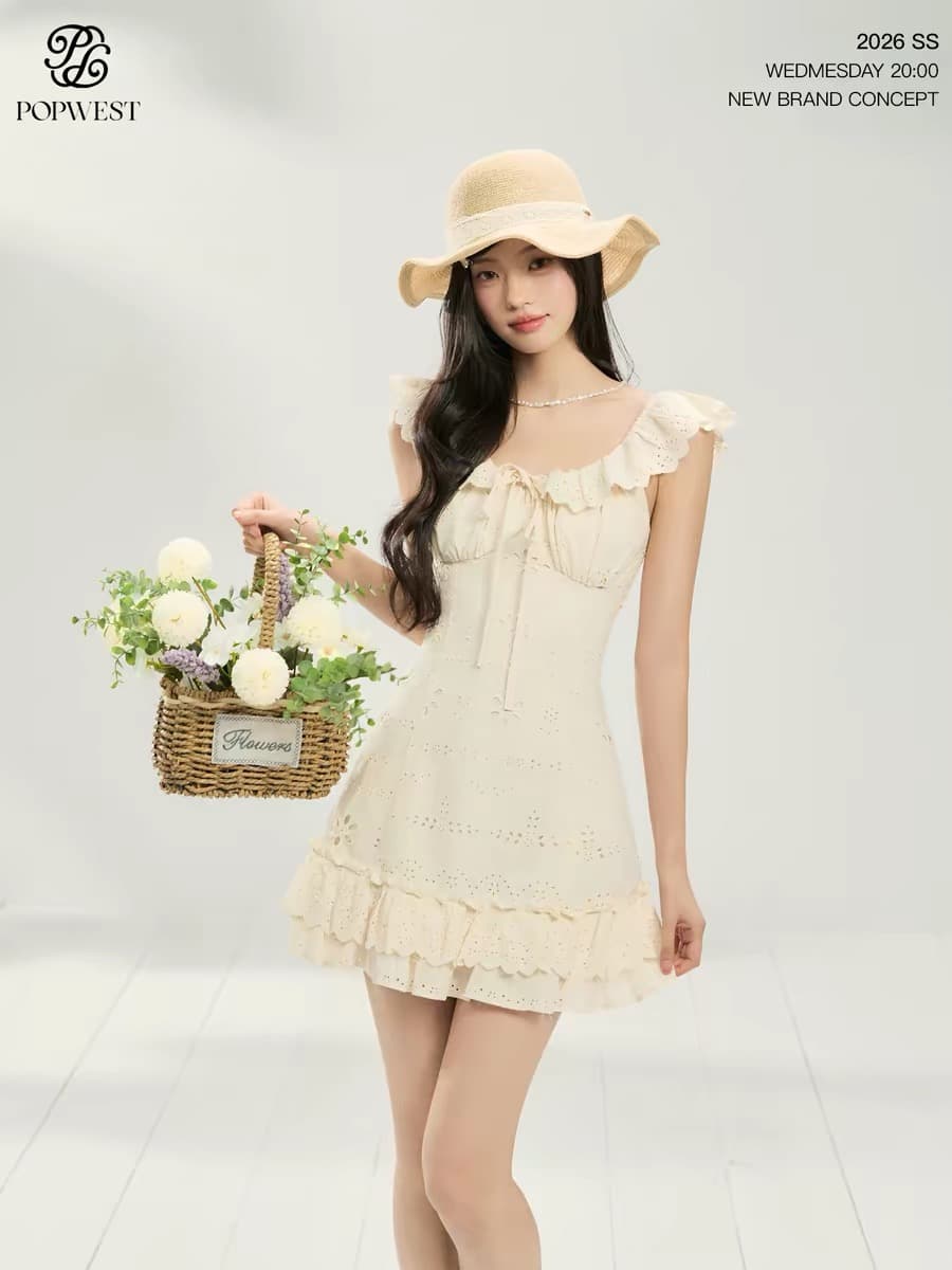popwest 여름 프랑스식 휴가 작은 날다 소매 드레스 프릴 허리 수축 품격 롱 스커트 a 어린이 치마 이미지 3