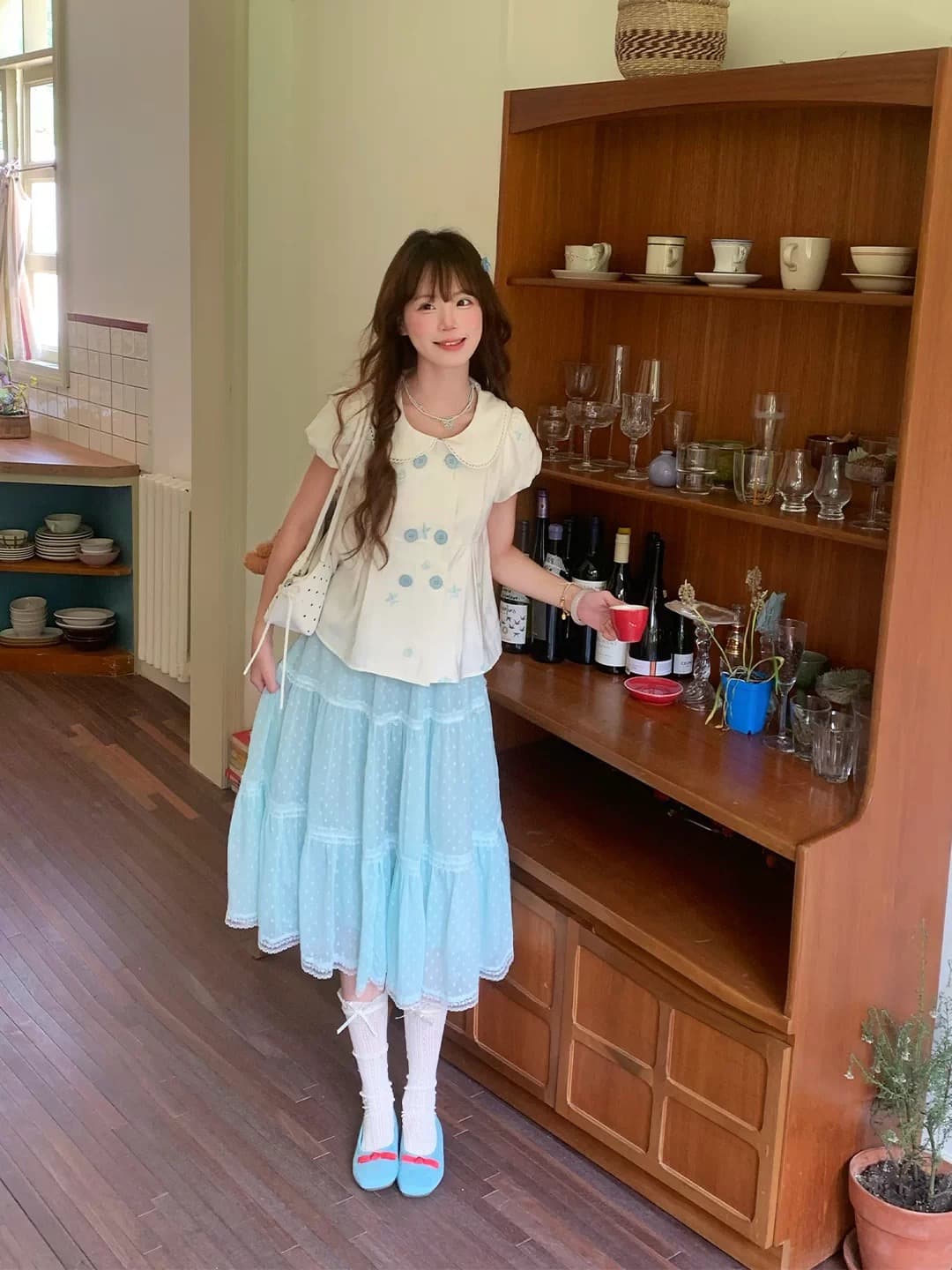 크림 스타 만 달콤한 스타일 세트 여름 착용 가져 가라. 베이비 칼라 맨위 다중 레이어 도트 무늬 박하 녹색 반신 스커트 여성 이미지 2