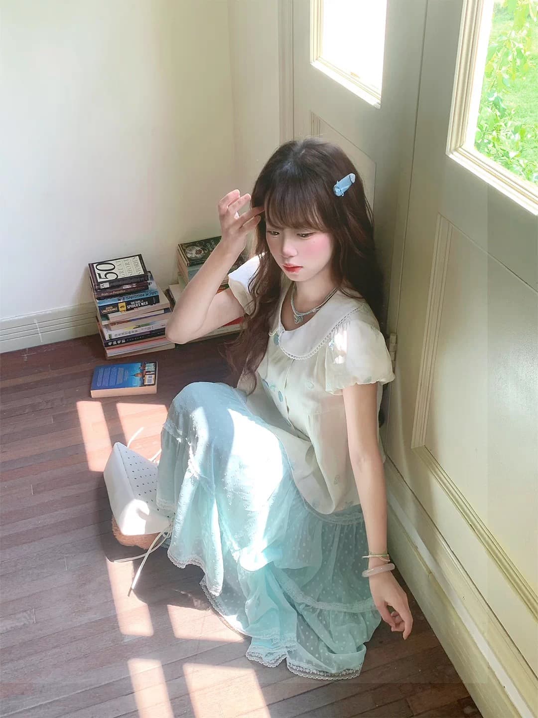 크림 스타 만 달콤한 스타일 세트 여름 착용 가져 가라. 베이비 칼라 맨위 다중 레이어 도트 무늬 박하 녹색 반신 스커트 여성 이미지 3