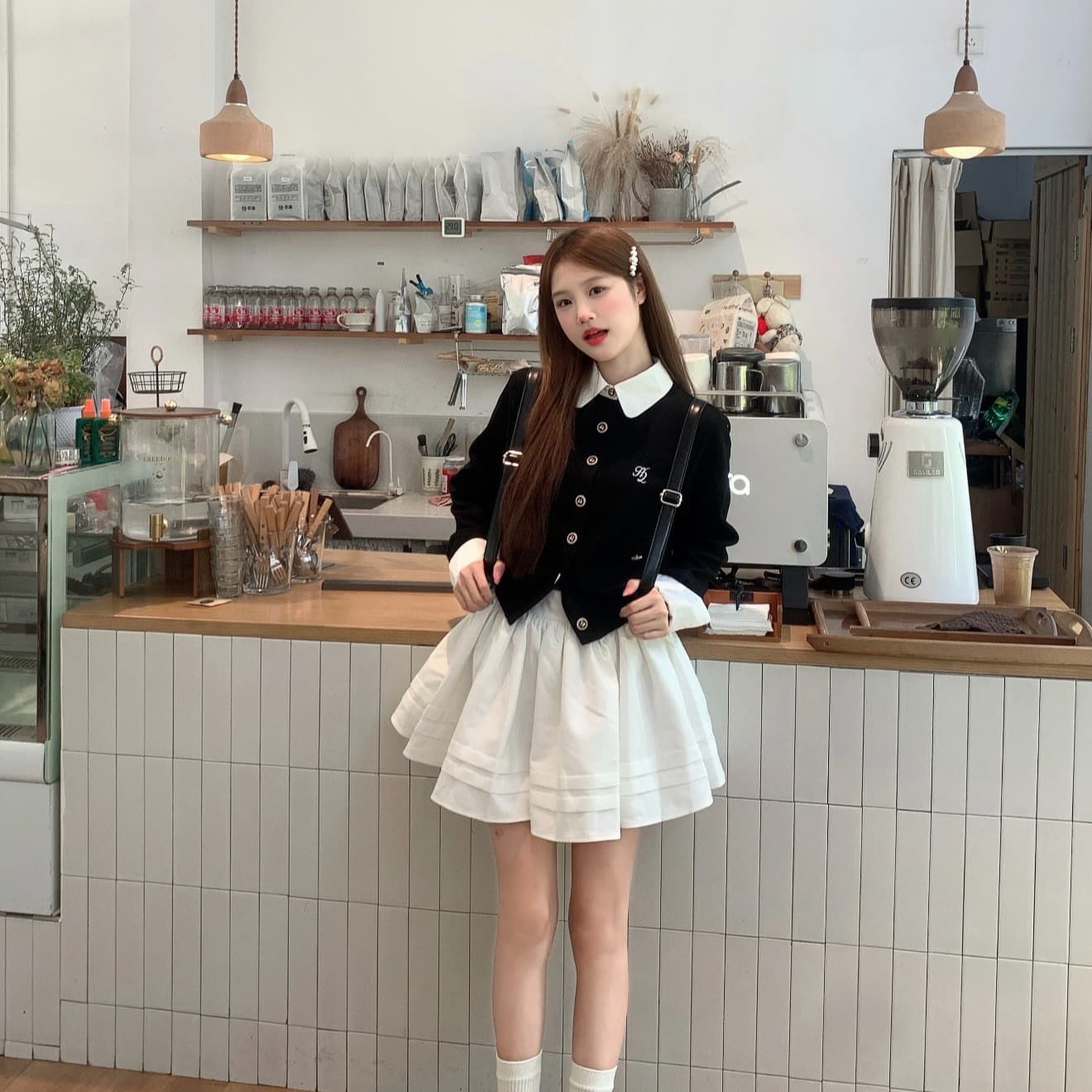 h2an1 studio 丨 배색 패치워크 페이크 레이어드 니트 오픈 가디건 스웨터 코트 프릴 플리츠 치마 세트