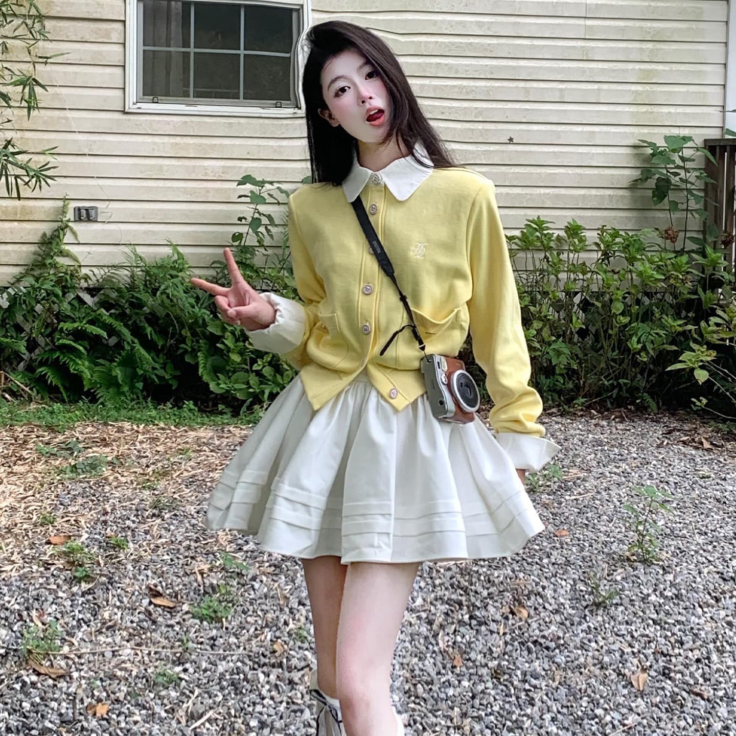 h2an1 studio 丨 배색 패치워크 페이크 레이어드 니트 오픈 가디건 스웨터 코트 프릴 플리츠 치마 세트 이미지 4