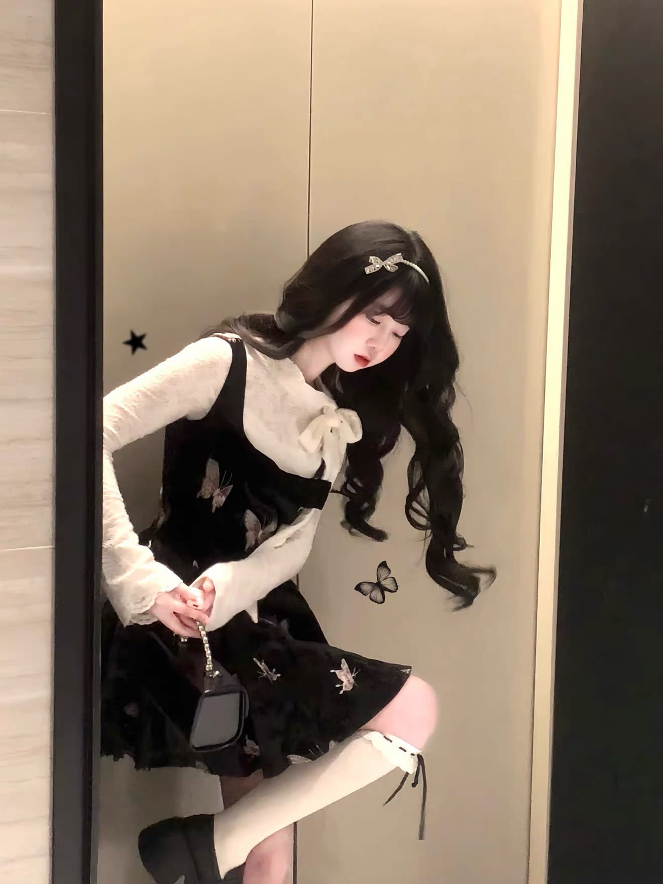 bull0313 하나 배 꽃 리플 섬유 나비 나비 자수 드레스 달콤함 허리 수축 벨벳 조끼 스커트 이미지 2