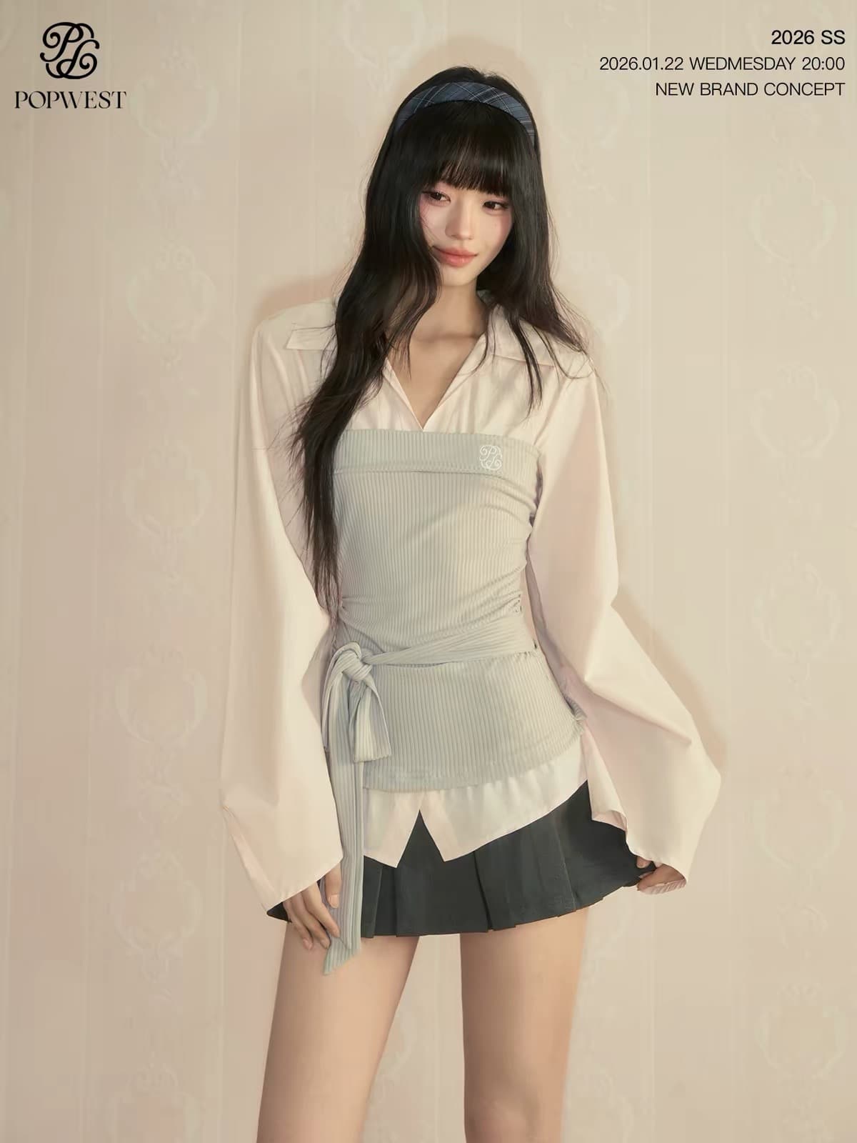 popwest 丨 패치워크 페이크 레이어드 셔츠 작은 대중 배색 셔츠 허리 수축 긴팔 맨위 와이드 레그 팬츠 세트 여성