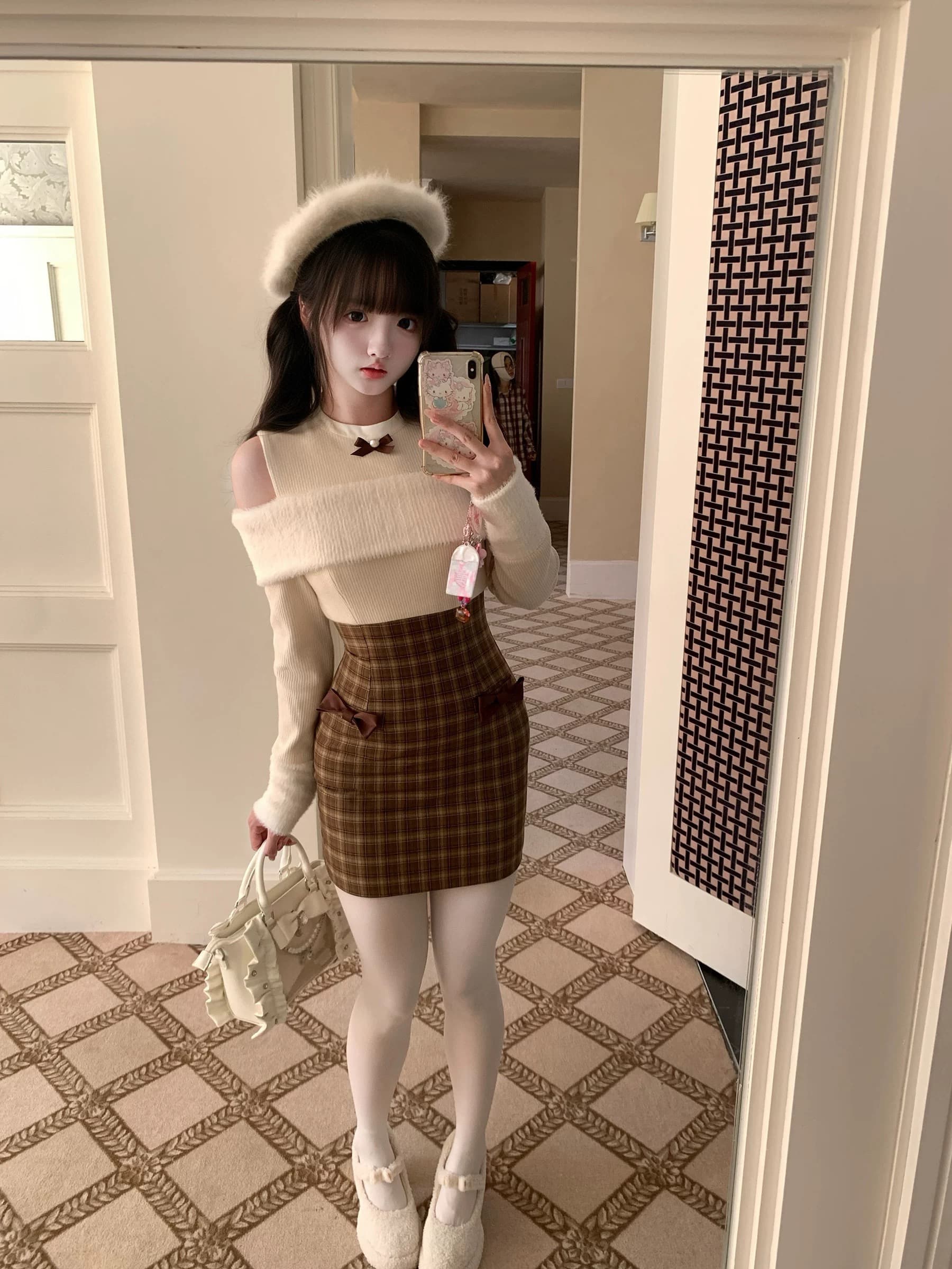 모리 소녀 오리지널 가고 싶다. 해변가 잃어버린 어린 양 니트 패치워크 귀여운 브라운 체크무늬 드레스 이미지 4