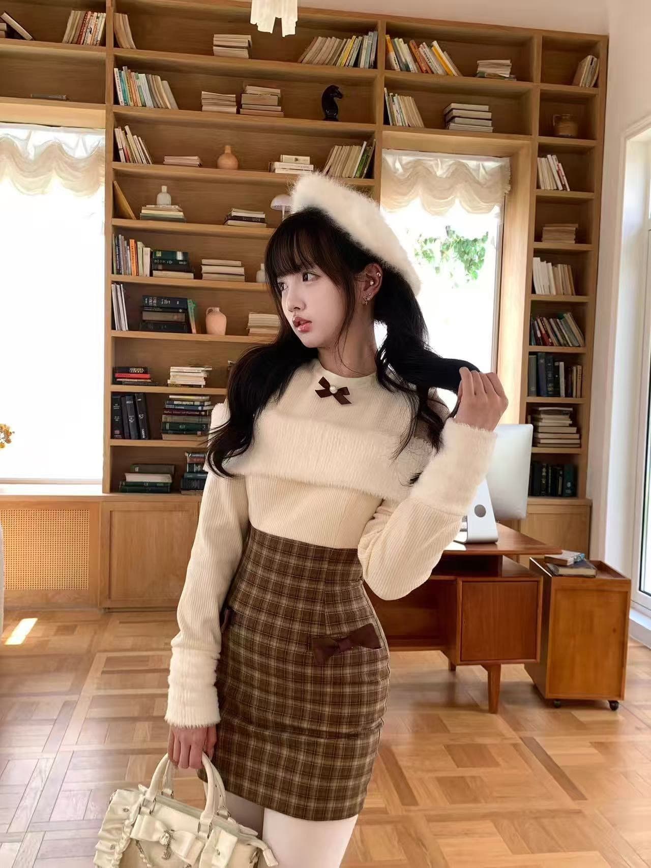 모리 소녀 오리지널 가고 싶다. 해변가 잃어버린 어린 양 니트 패치워크 귀여운 브라운 체크무늬 드레스 이미지 3