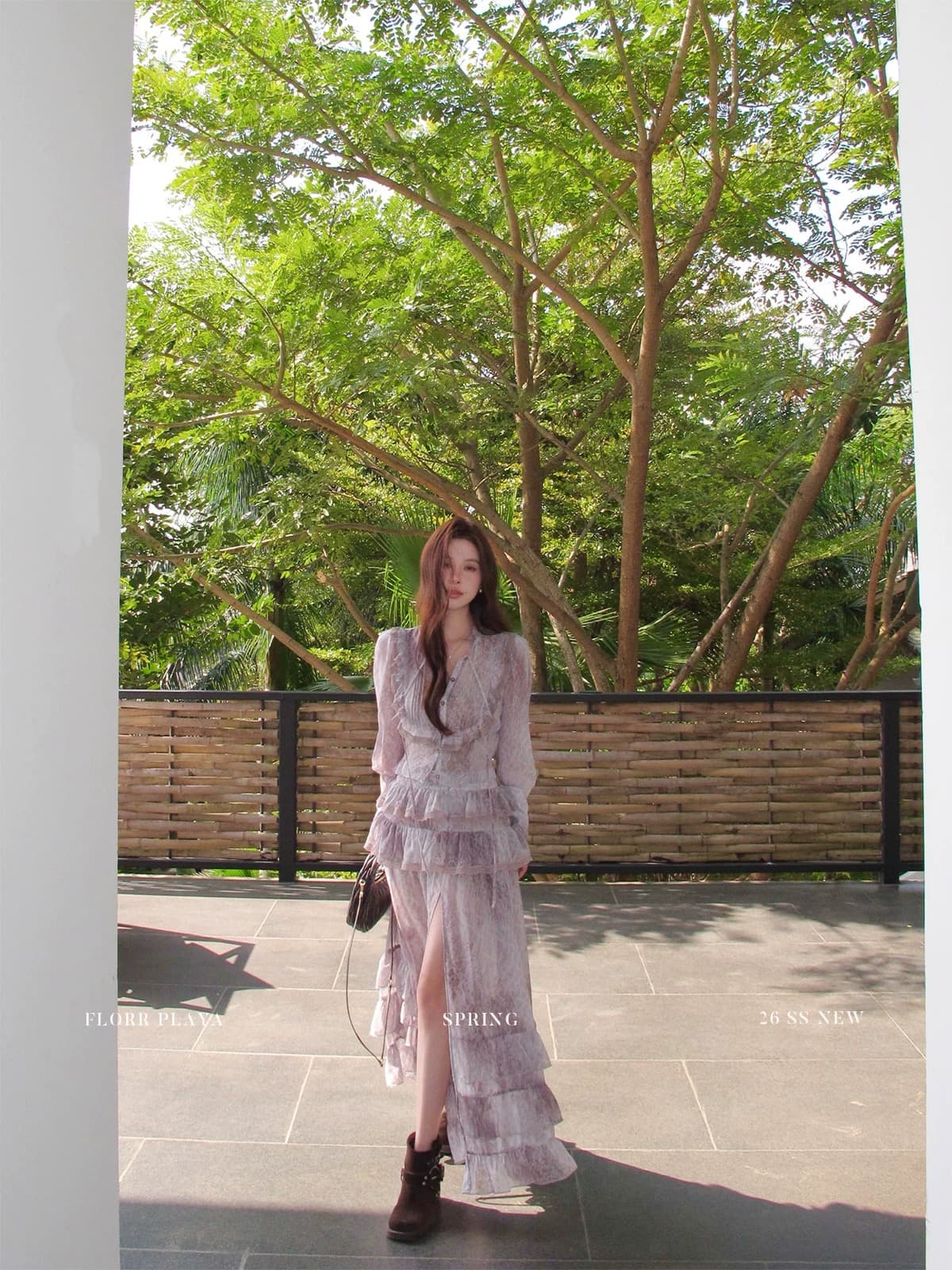 꽃 위안 봄날 아빠 S 티 프랑스식 프릴 레오파드 무늬 쉬폰 셔츠 세트 여성 휴가 바람 트임 반 스커트 이미지 4