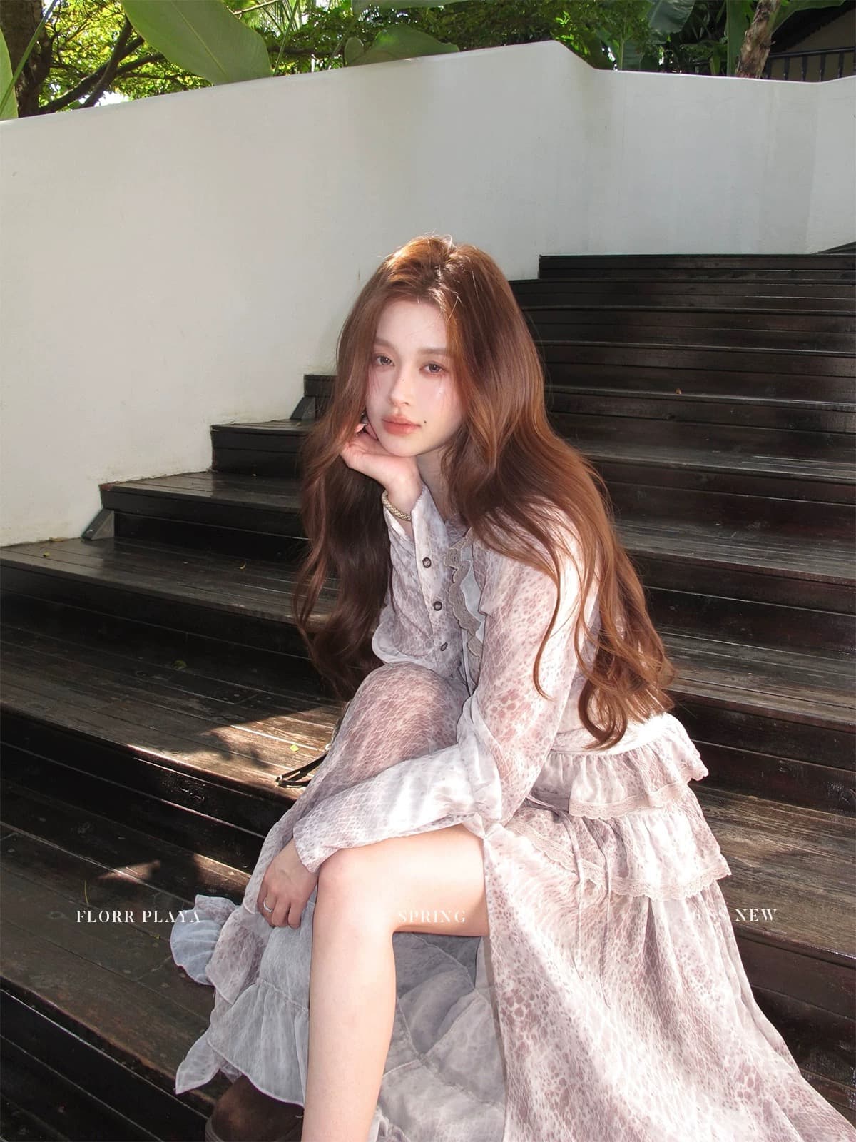 꽃 위안 봄날 아빠 S 티 프랑스식 프릴 레오파드 무늬 쉬폰 셔츠 세트 여성 휴가 바람 트임 반 스커트