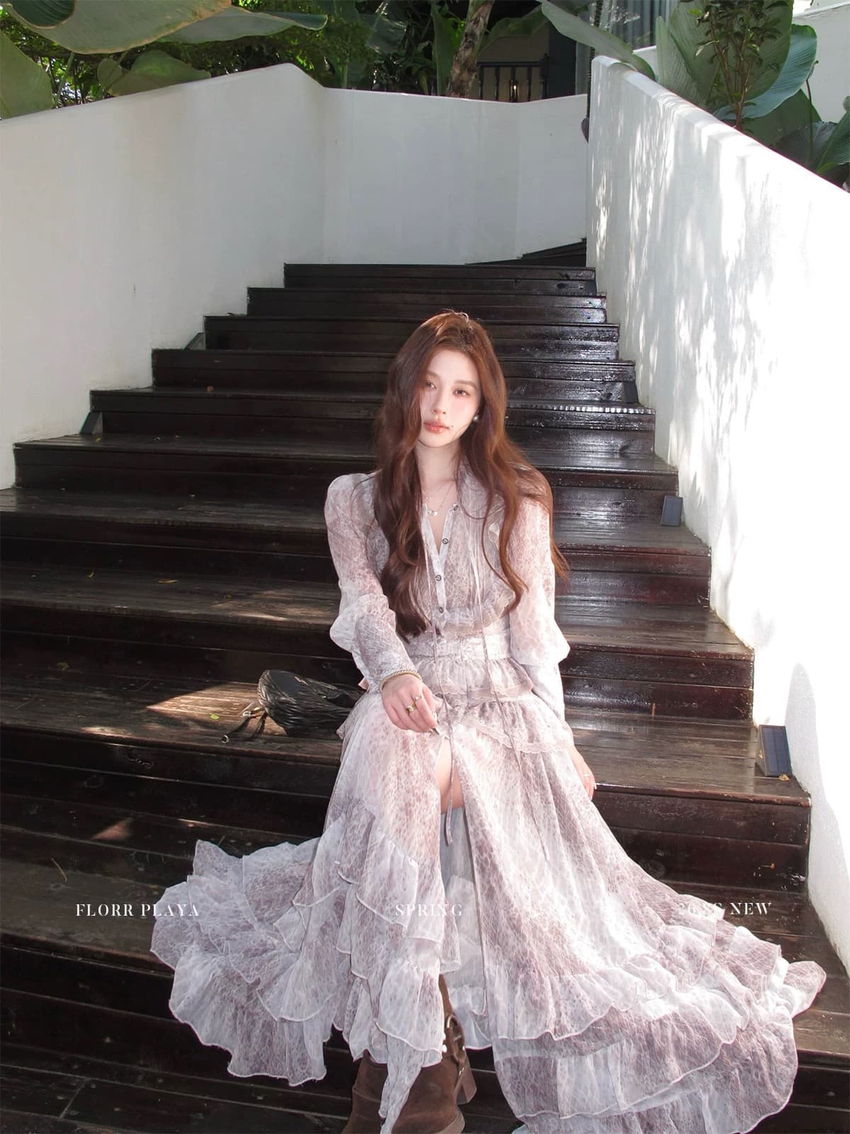 꽃 위안 봄날 아빠 S 티 프랑스식 프릴 레오파드 무늬 쉬폰 셔츠 세트 여성 휴가 바람 트임 반 스커트 이미지 2
