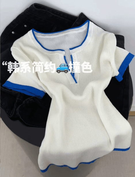 2026 새로운 한 부서 달콤함 배색 니트 스웨터 여성 여름 얇은 스타일 고유 한 Chic 슬림해 보이는 반팔 맨위 상세 이미지 2