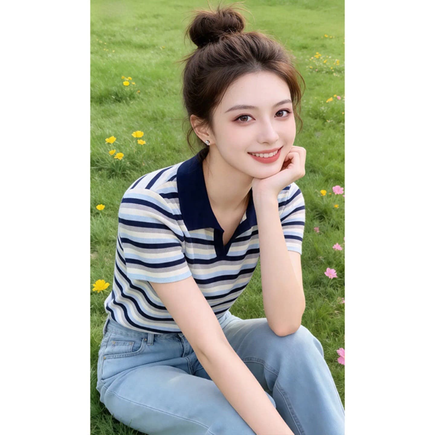 스트라이프 갈매기 V넥 POLO 셔츠 니트 반팔 티셔츠 여성 작은 키 쇼트 스타일 긍정적 인 어깨 스트레이트 슬림해 보이는 품격 맨위 이미지 3