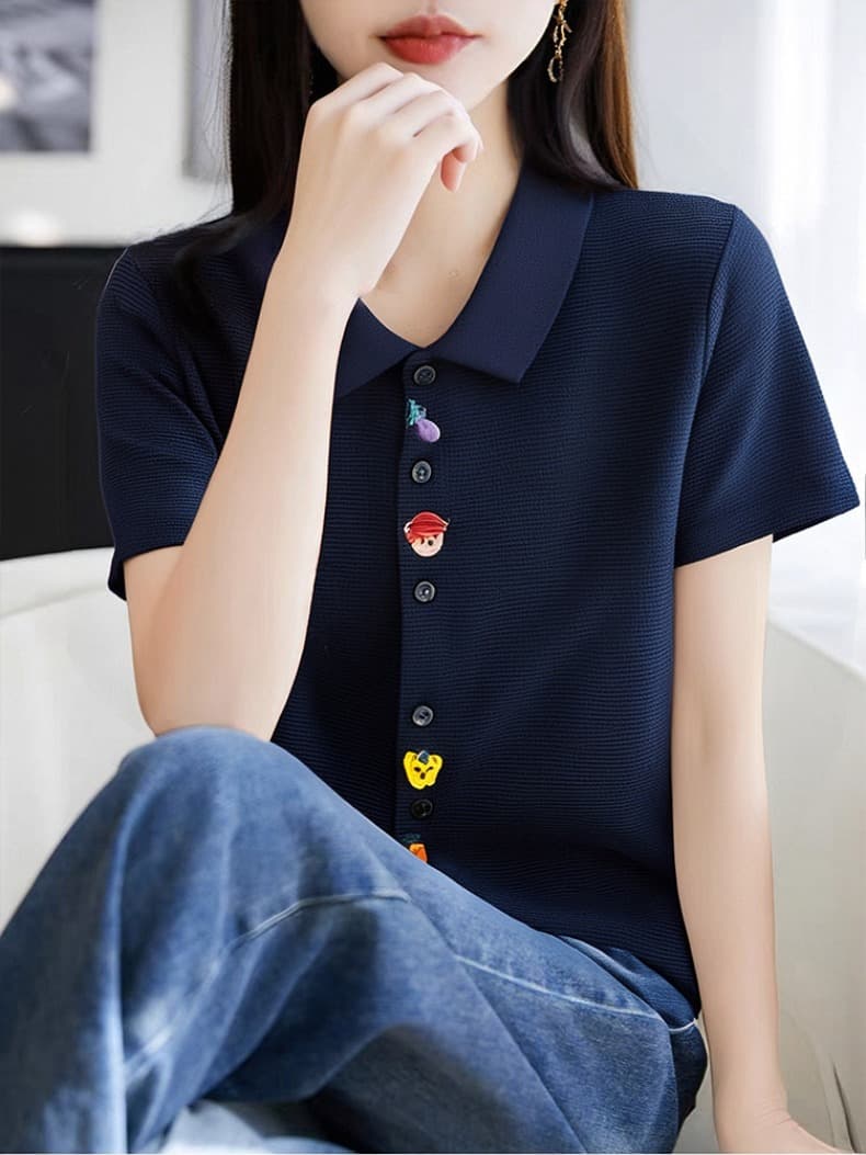 블루 색상 POLO 칼라 자수 긍정적 인 어깨 반팔 티셔츠 여성 셔츠 2026 여름 새로운 외국 가스 연령 감소 니트 스웨터 상세 이미지 11