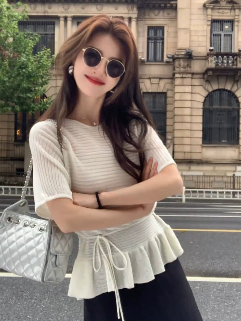프랑스식 화이트 프릴 반팔 니트 스웨터 여성 여름 고급 센스 레이스업 허리 수축 슬림해 보이는 맨위 얇은 스타일 상세 이미지 5