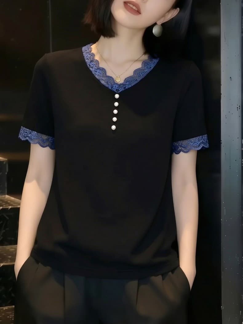 검정색 V넥 레이스 반팔 티셔츠 여성 2026 여름 새로운 슬림해 보이는 연령 감소 고급 센스 빅 사이즈 여성 의류 맨위 상세 이미지 3