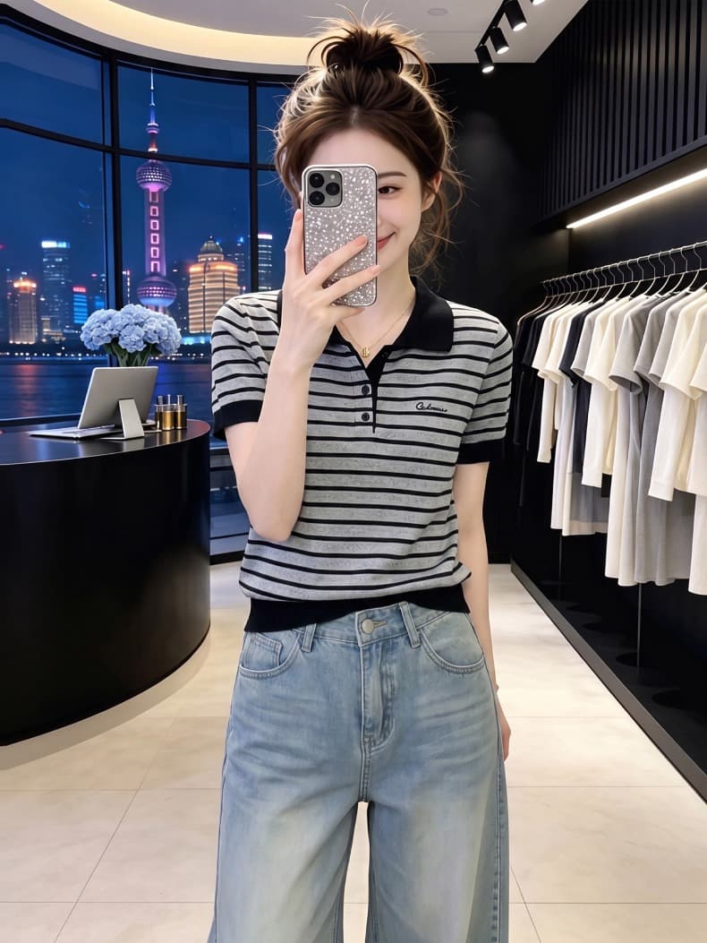 디자인 센스 패션 스트라이프 POLO 칼라 반팔 티셔츠 여성 여름 작은 키 슬림해 보이는 연령 감소 그레이트 봐 의류 상세 이미지 6