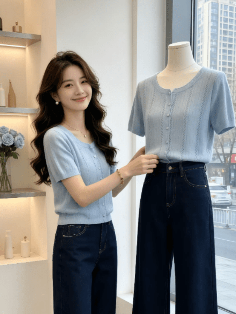 작은 샤넬 스타일 파란색 고급 센스 홀로우 아웃 작은 셔츠 니트 반팔 티셔츠 여성 2026 여름 여름 아름다운 작은 맨위 상세 이미지 1