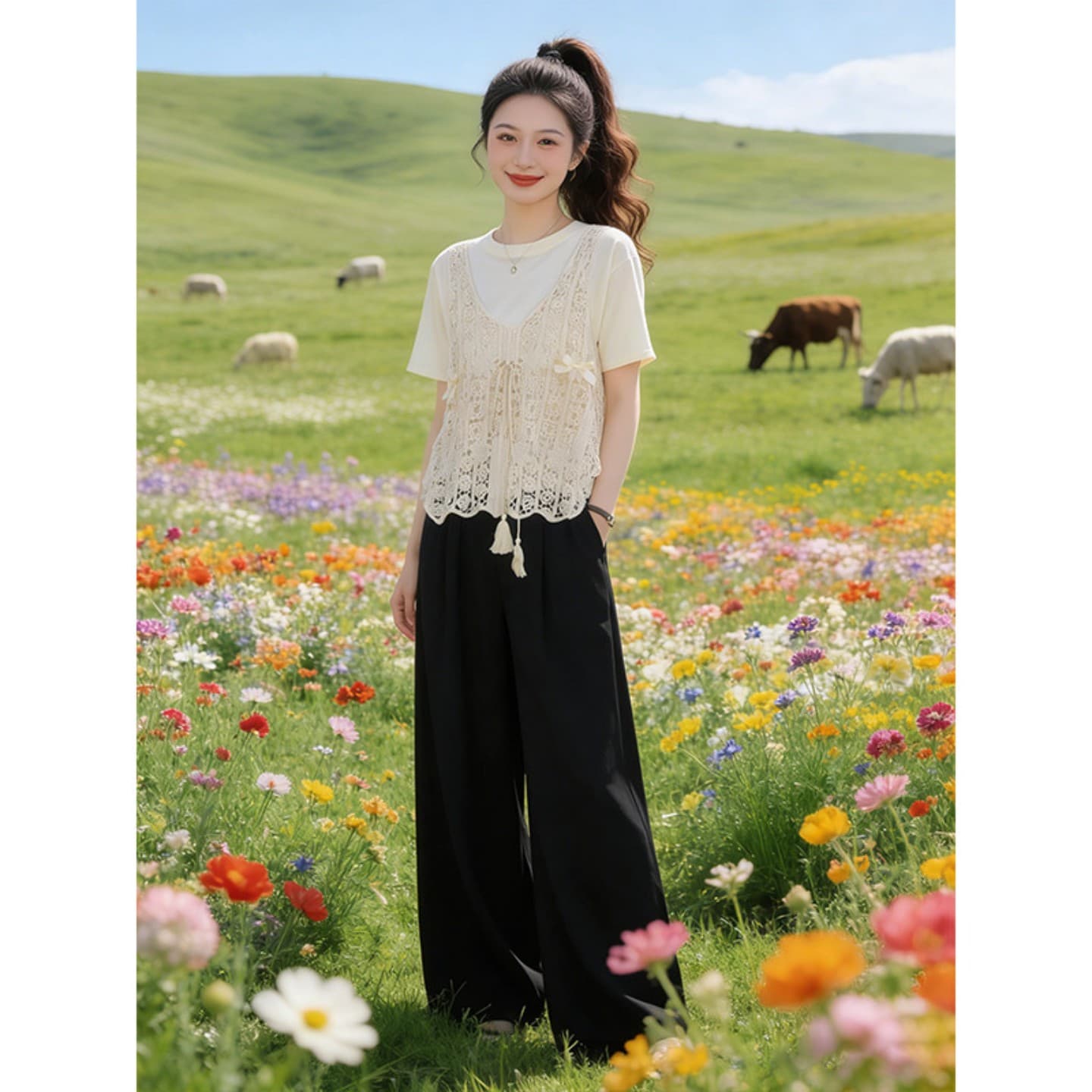 2026 여름 새로운 빅 사이즈 여성 의류 프랑스식 홀로우 아웃 조끼 베스트 스택 착용 블라우스 반팔 티셔츠 세트 맨위 이미지 3