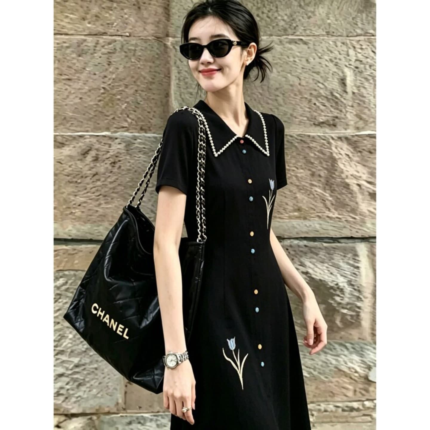 고급 센스 검정색 POLO 칼라 반팔 여성 드레스 여름 새로운 빅 사이즈 지방 mm 허리 수축 표지 배 캐주얼 품격 이미지 5