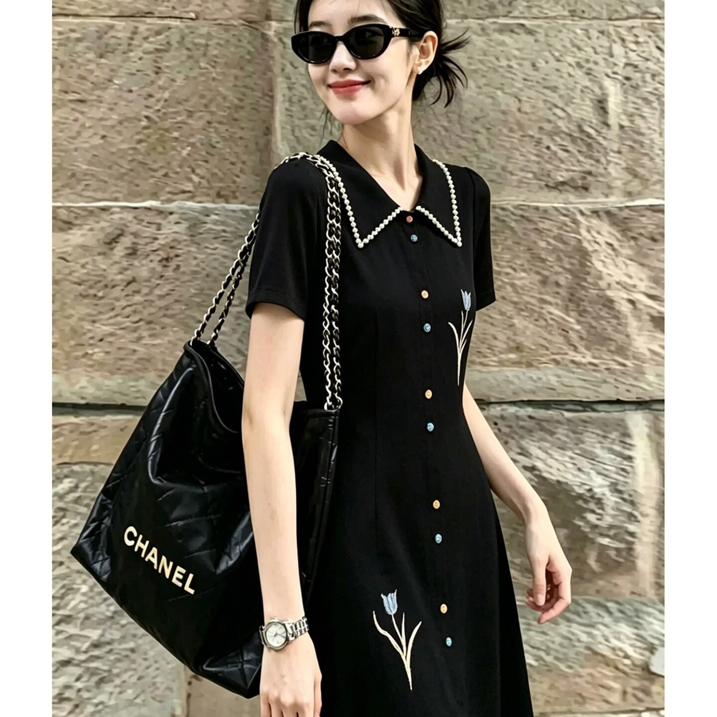 고급 센스 검정색 POLO 칼라 반팔 여성 드레스 여름 새로운 빅 사이즈 지방 mm 허리 수축 표지 배 캐주얼 품격 이미지 3
