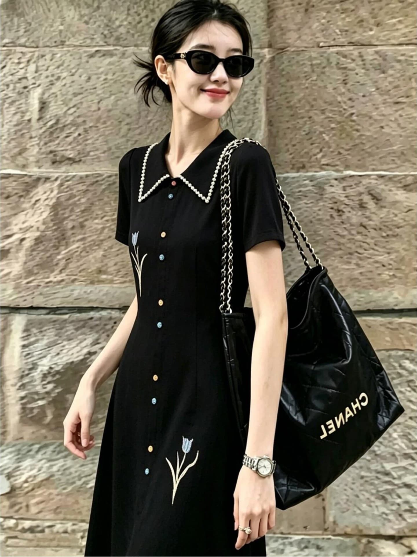 고급 센스 검정색 POLO 칼라 반팔 여성 드레스 여름 새로운 빅 사이즈 지방 mm 허리 수축 표지 배 캐주얼 품격 상세 이미지 2