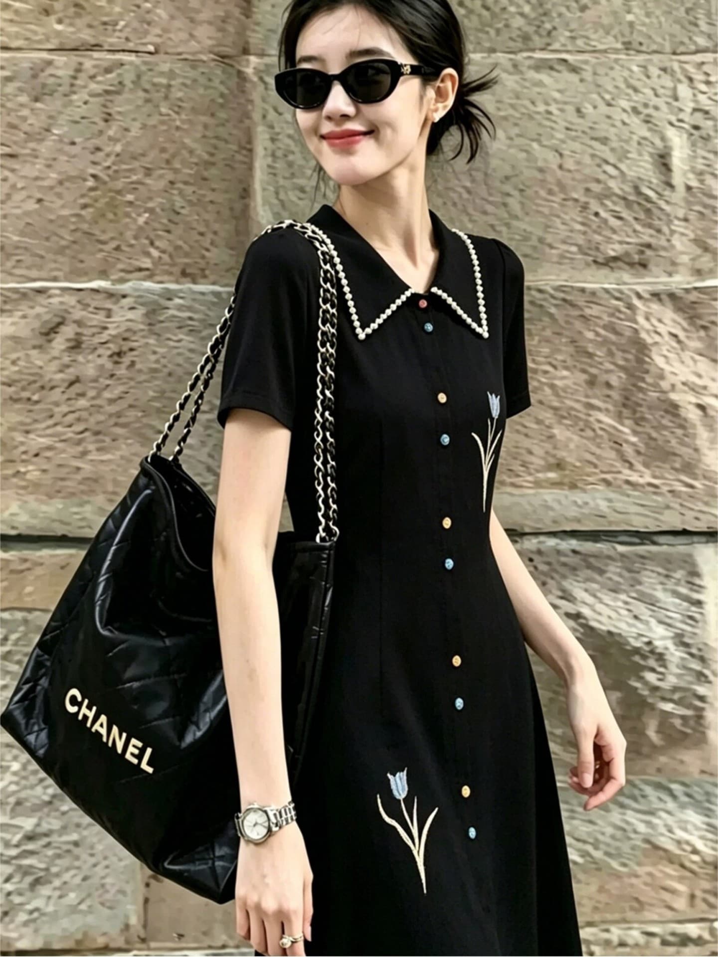 고급 센스 검정색 POLO 칼라 반팔 여성 드레스 여름 새로운 빅 사이즈 지방 mm 허리 수축 표지 배 캐주얼 품격 상세 이미지 3