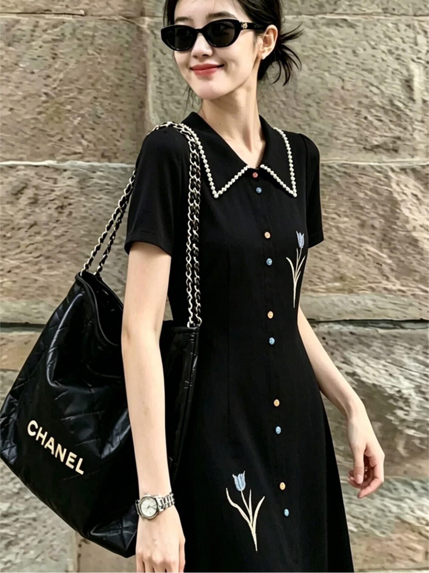 고급 센스 검정색 POLO 칼라 반팔 여성 드레스 여름 새로운 빅 사이즈 지방 mm 허리 수축 표지 배 캐주얼 품격 상세 이미지 4