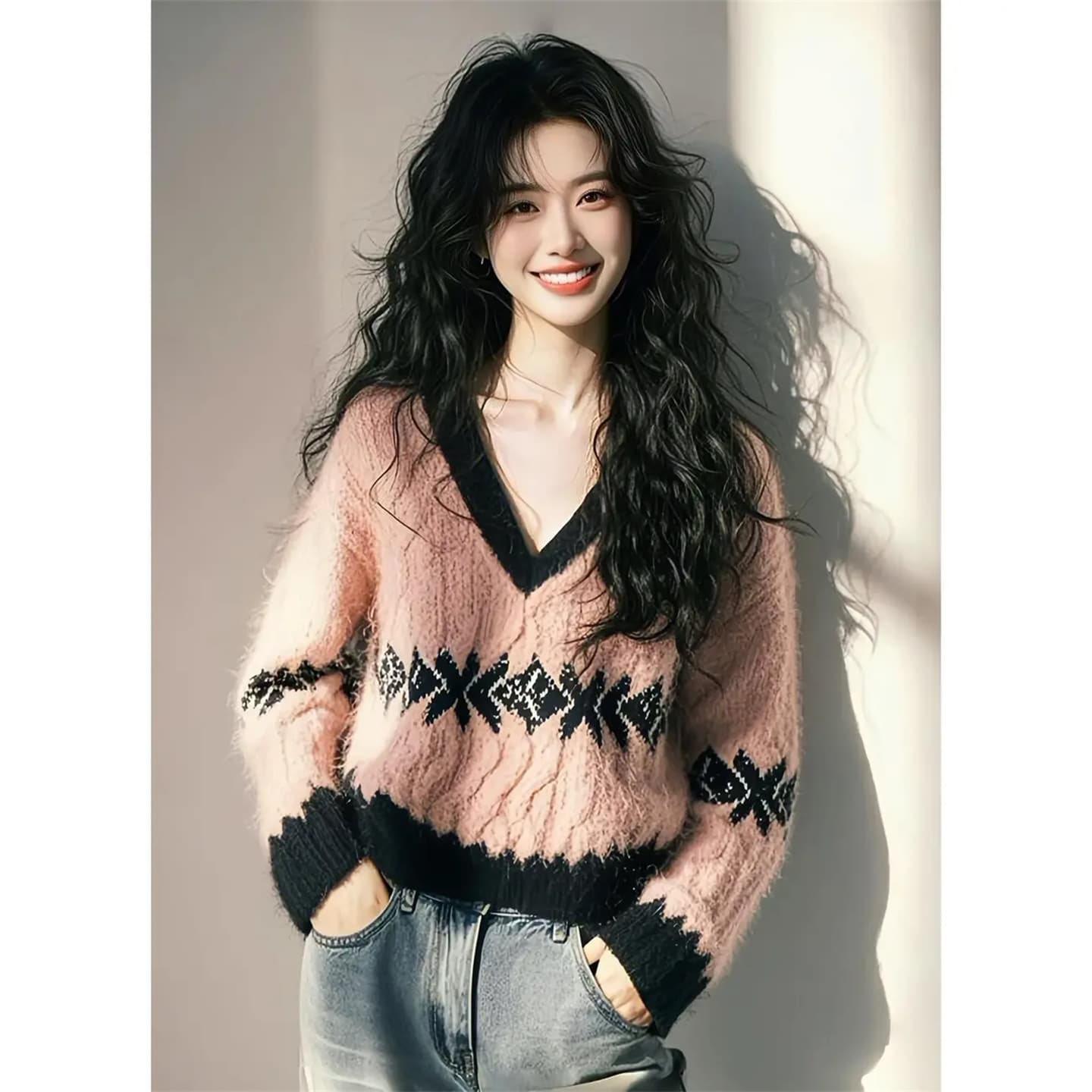 느긋한 고급 센스 V넥 패치워크 색상 부드러운 찹쌀 니트 스웨터 스웨터 여자 2026 가을 겨울 새로운 자카드 루즈핏 맨위 트렌디 상세 이미지 2