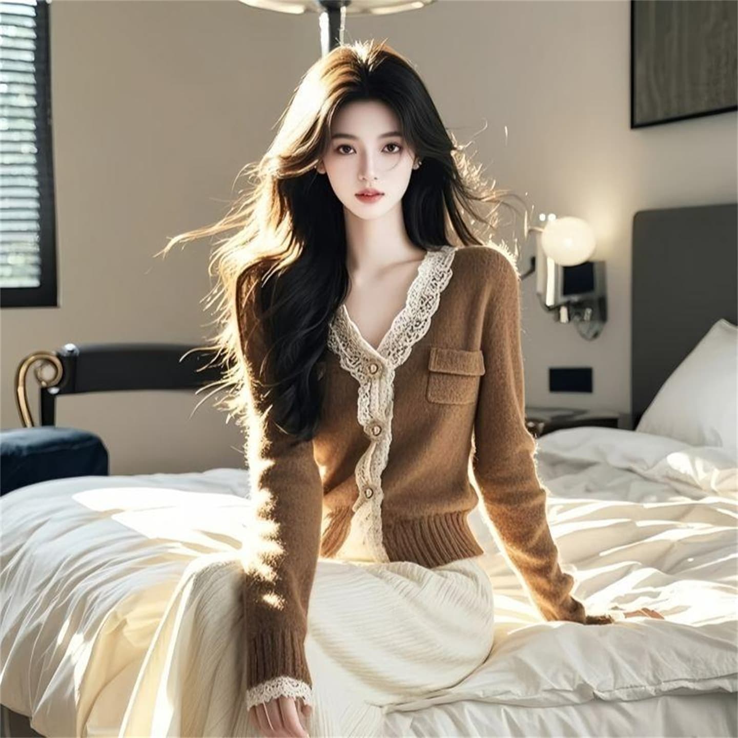 2026 아름다움 라드. 브라운 레이스 측면 V넥 스웨터 니트 오픈 가디건 가을 겨울철 여성 의류 고유 한 Chic 맨위 이미지 3
