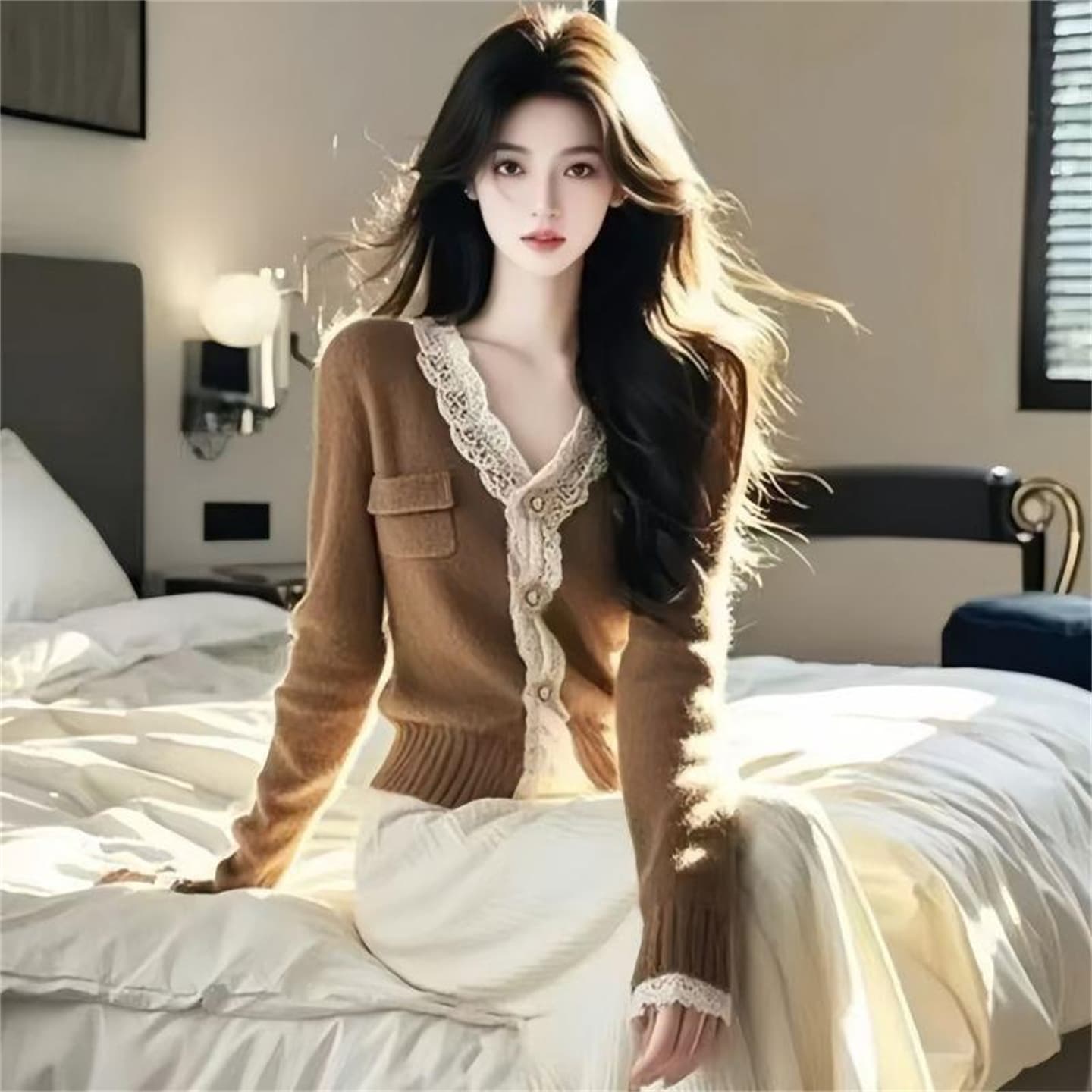 2026 아름다움 라드. 브라운 레이스 측면 V넥 스웨터 니트 오픈 가디건 가을 겨울철 여성 의류 고유 한 Chic 맨위 상세 이미지 3