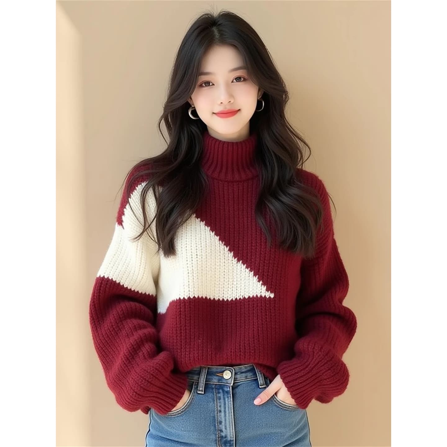 와인 레드 배색 불규칙 두꺼운 선 스웨터 여자 2026 새로운 겨울 유럽 상품 무거운 작업 고유 한 Chic 맨위